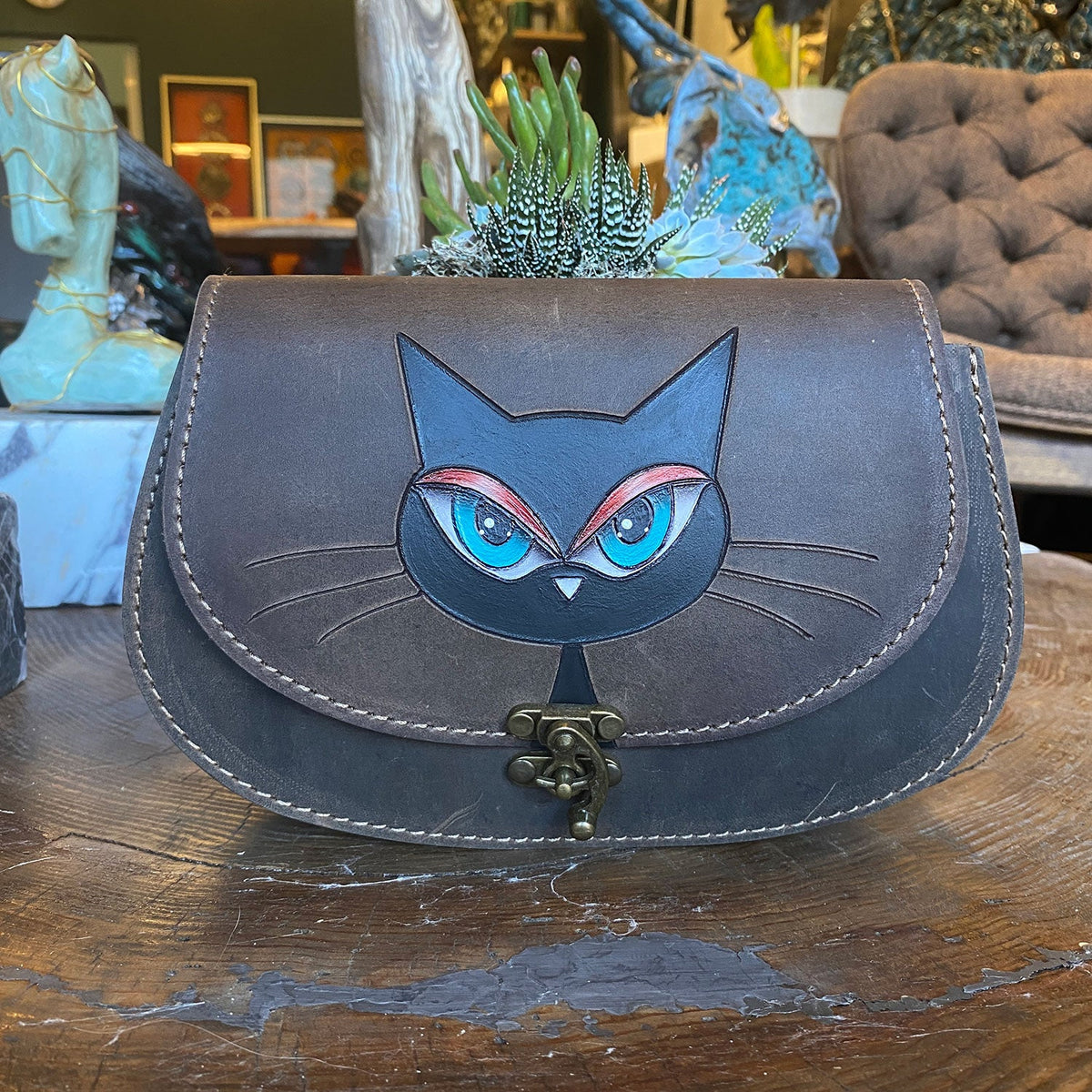 Handmade Leather Crossbody Bag for Women Black Cat Pattern