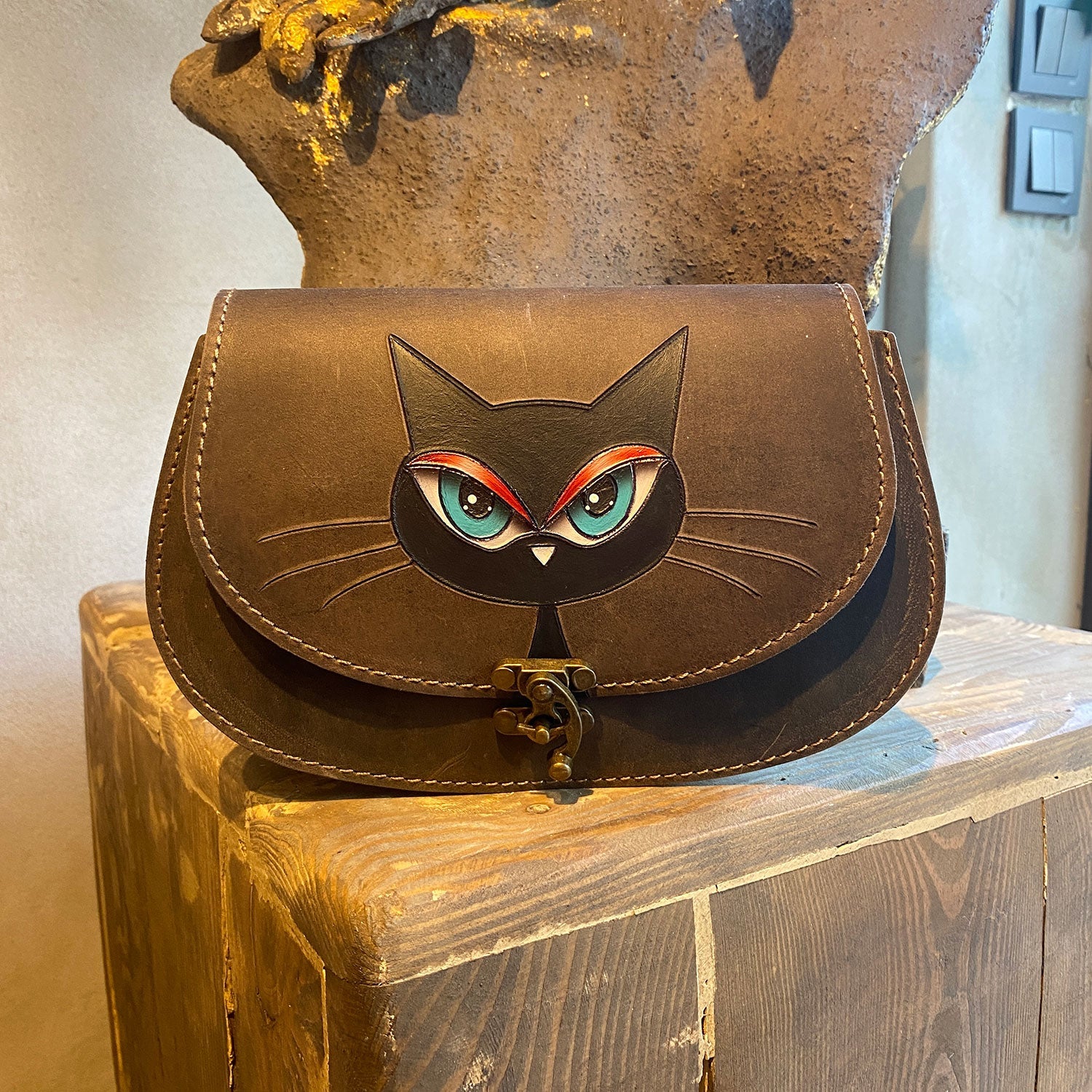 Handmade Leather Crossbody Bag for Women Black Cat Pattern