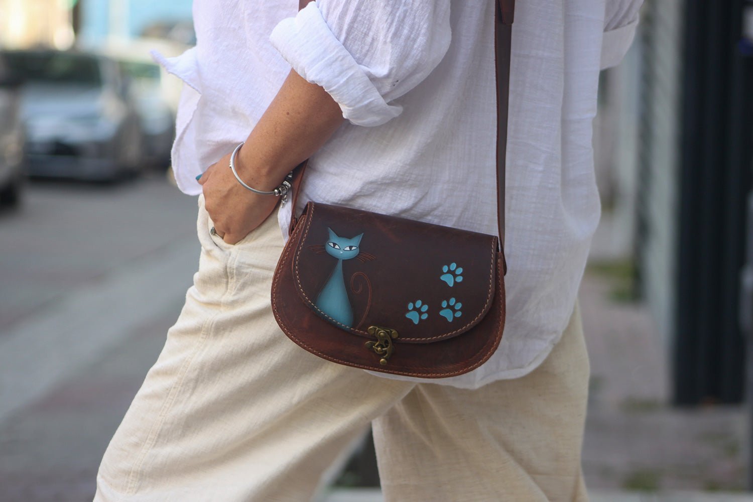 Handmade Leather Crossbody Bag for Women Cat and Paw Pattern