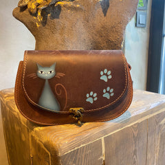 Handmade Leather Crossbody Bag for Women Cat and Paw Pattern