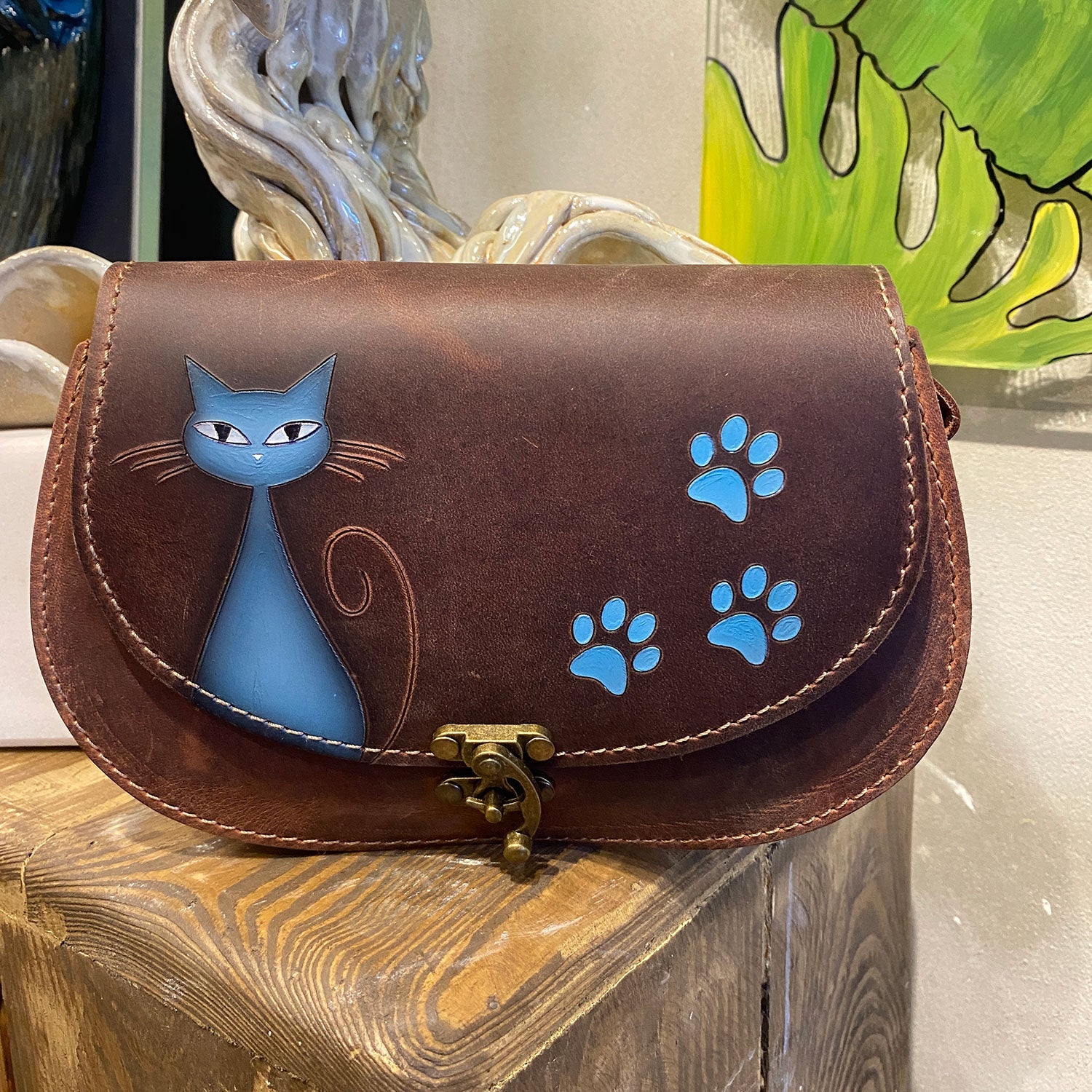 Handmade Leather Crossbody Bag for Women Cat and Paw Pattern