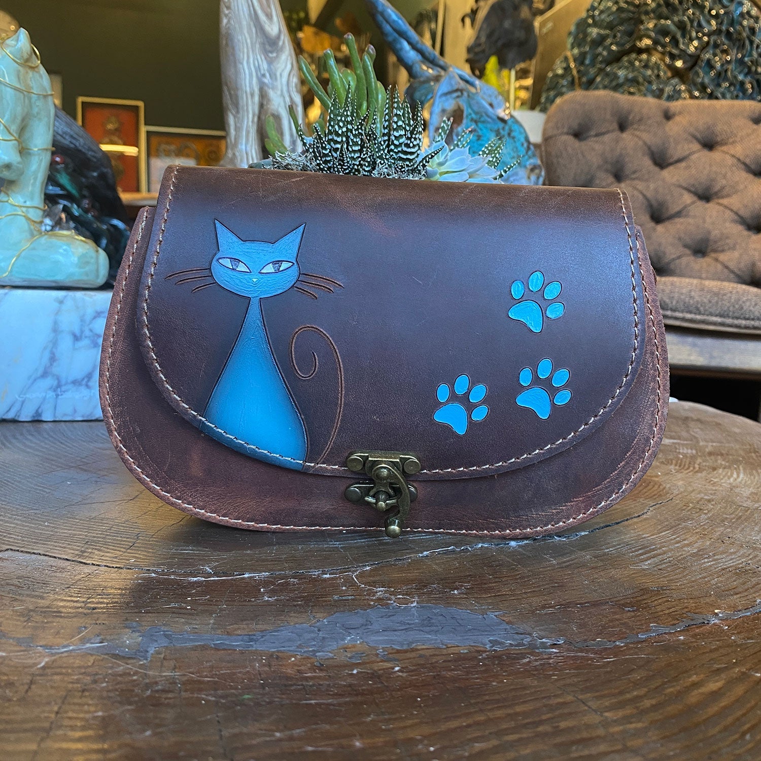 Handmade Leather Crossbody Bag for Women Cat and Paw Pattern