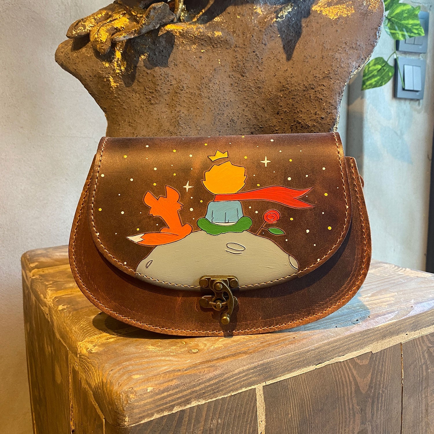 Handmade Leather Crossbody Bag for Women Little Prince Pattern