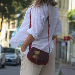 Handmade Leather Crossbody Bag for Women Orange Tabby Pattern