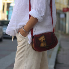 Handmade Leather Crossbody Bag for Women Orange Tabby Pattern