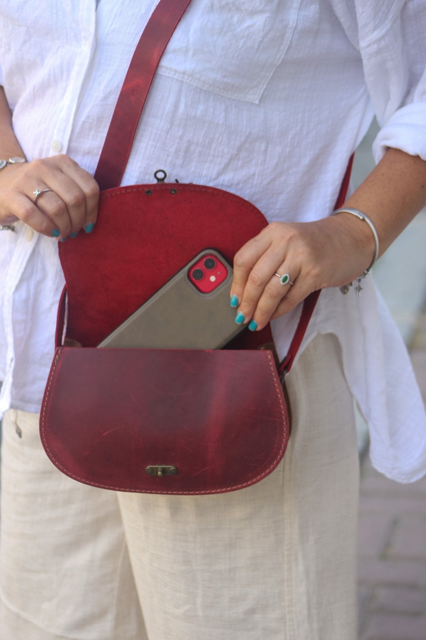 Handmade Leather Crossbody Bag for Women Orange Tabby Pattern