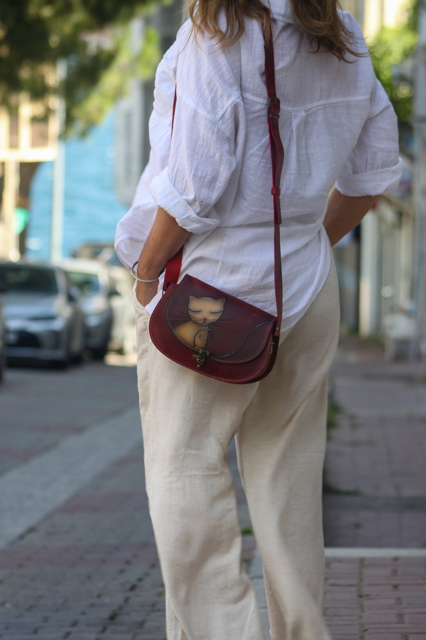 Handmade Leather Crossbody Bag for Women Orange Tabby Pattern