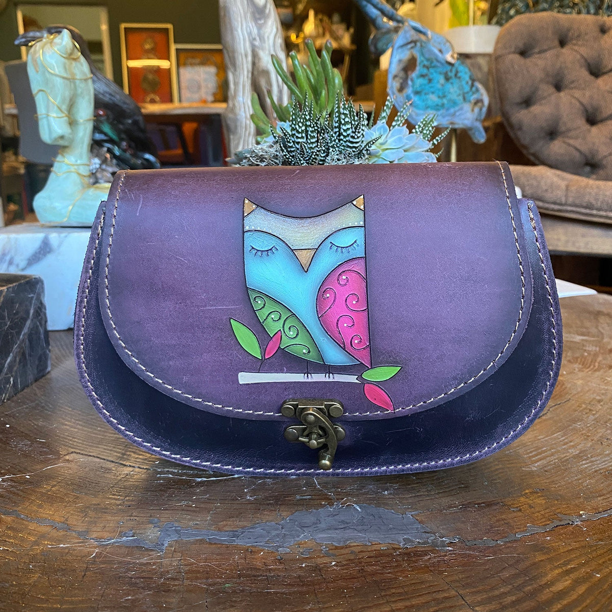 Handmade Leather Crossbody Bag for Women Owl Pattern