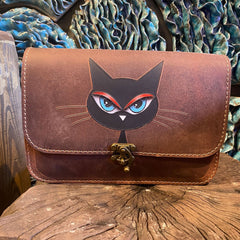 Leather Purse For Women Black Cat Crossbody Bag