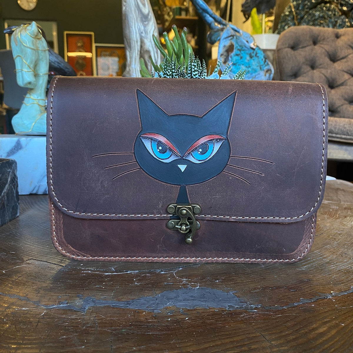 Leather Purse For Women Black Cat Crossbody Bag