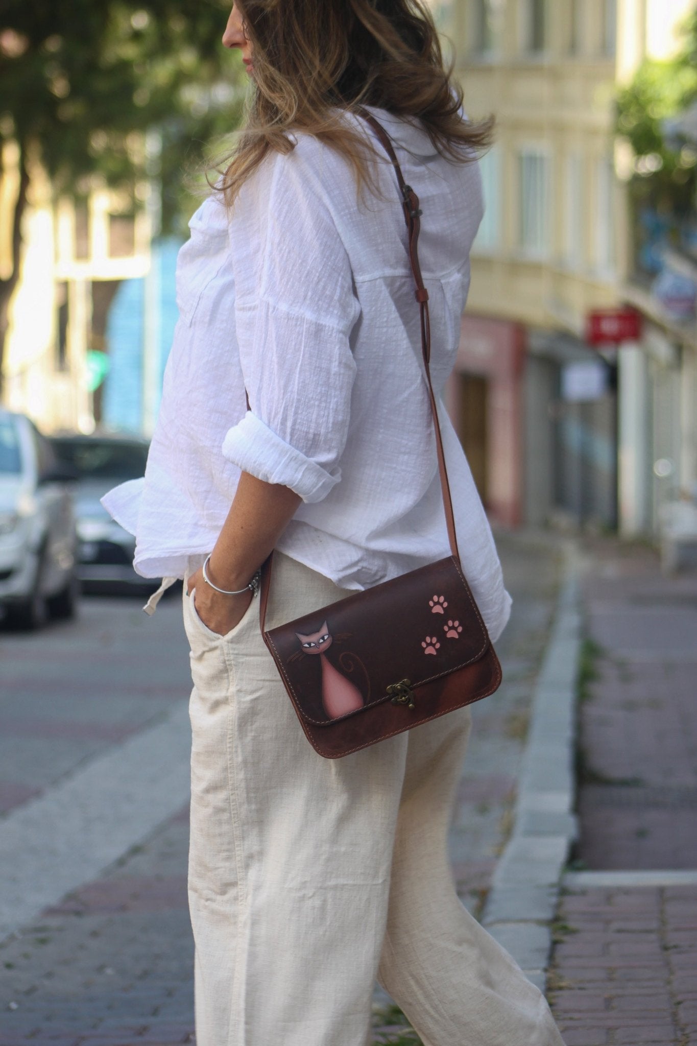 Leather Purse For Women Pink Cat and Paw Print Crossbody Bag