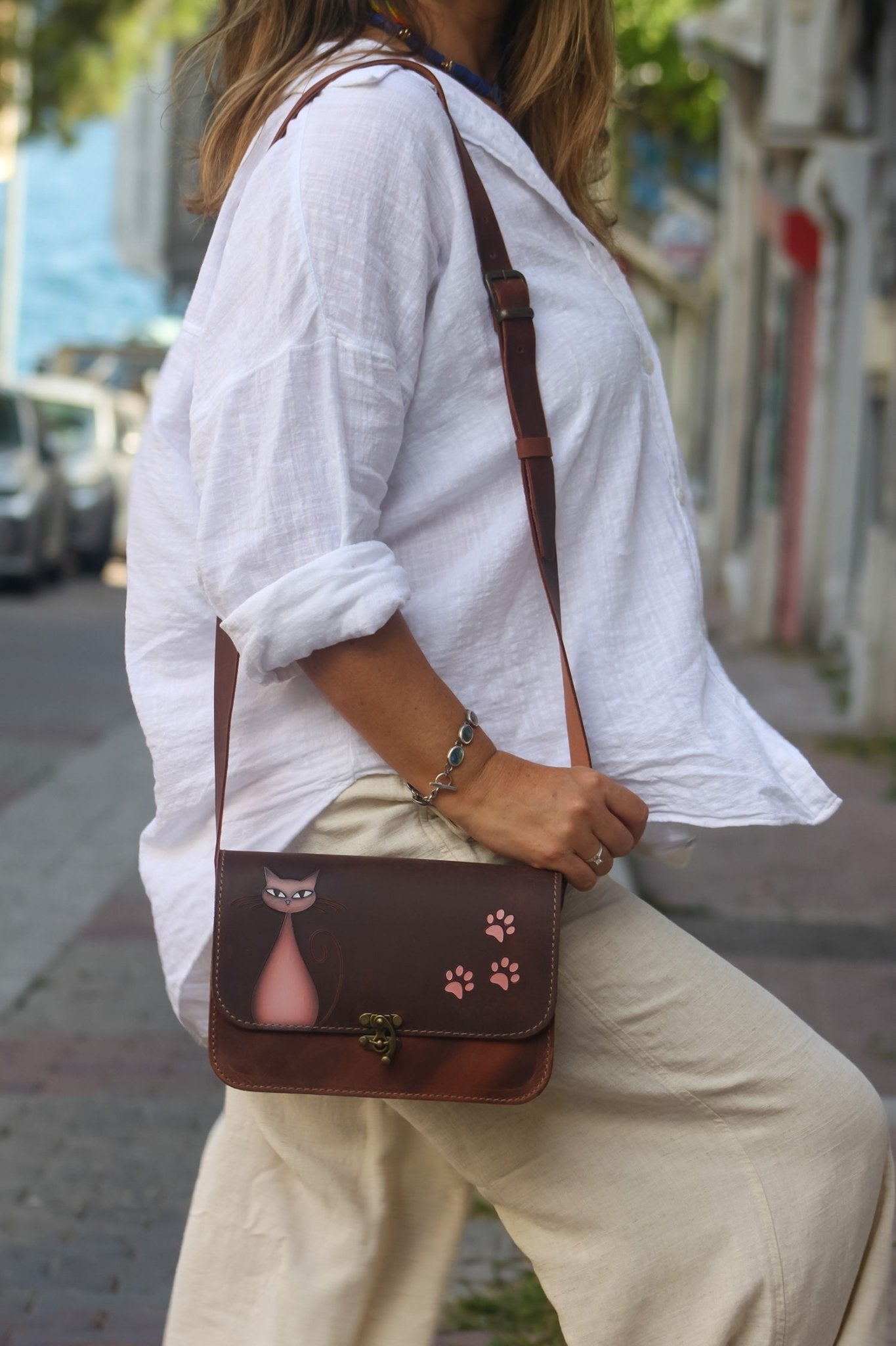 Leather Purse For Women Pink Cat and Paw Print Crossbody Bag