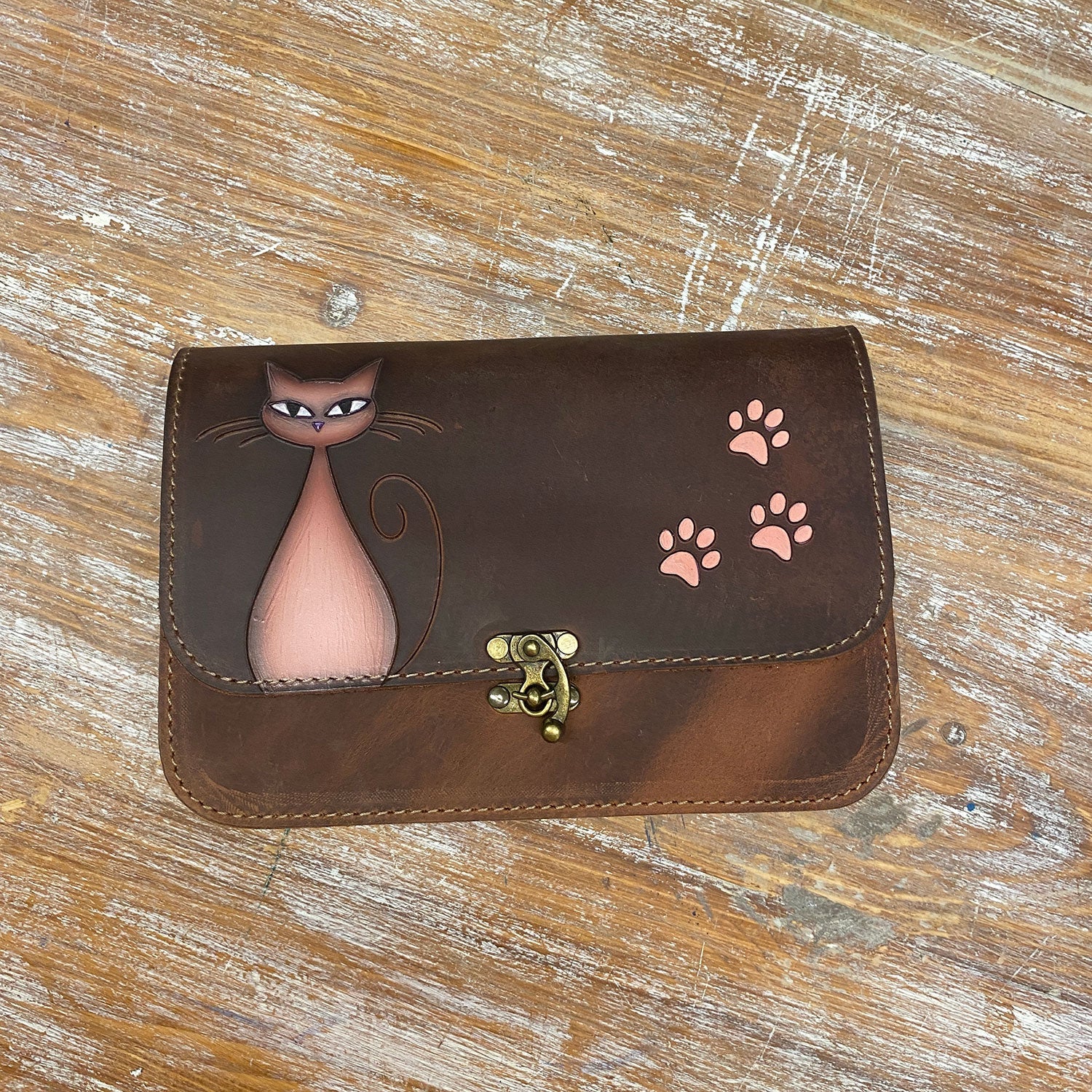 Leather Purse For Women Pink Cat and Paw Print Crossbody Bag