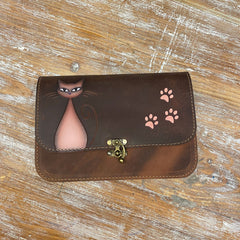 Leather Purse For Women Pink Cat and Paw Print Crossbody Bag