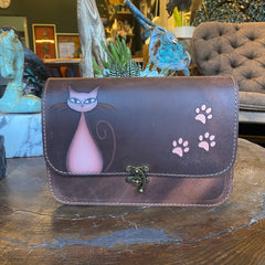 Leather Purse For Women Pink Cat and Paw Print Crossbody Bag