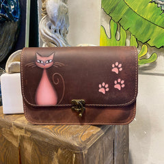 Leather Purse For Women Pink Cat and Paw Print Crossbody Bag