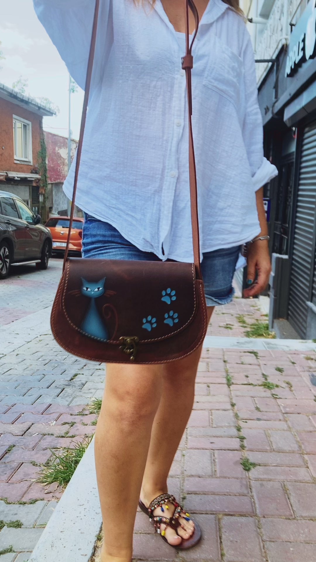 Handmade Leather Crossbody Bag for Women Cat and Paw Pattern