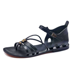 Black and Brown Leather Toe Loop Flat Sandals For Womens