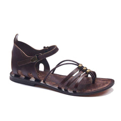 Black and Brown Leather Toe Loop Flat Sandals For Womens
