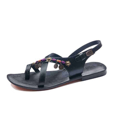 Black Cross Toe Loop Strapy Sandals For Womens