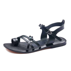 Black Leather Toe Loop Sandals For Women