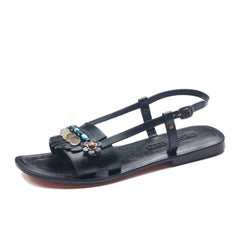 Black Open Toe Leather Ankle Sandals For Womens