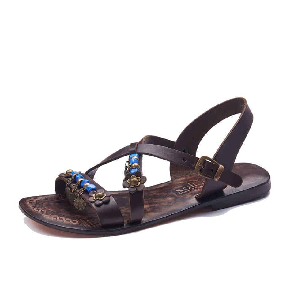 Brown Color Beaded Leather Strap Sandals For Womens