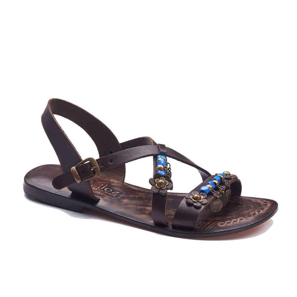 Brown Color Beaded Leather Strap Sandals For Womens