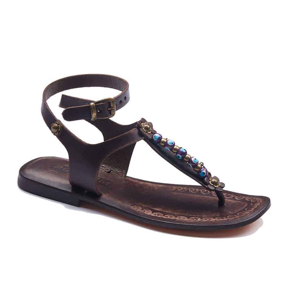 Brown Leather Ankle Sandals For Womens