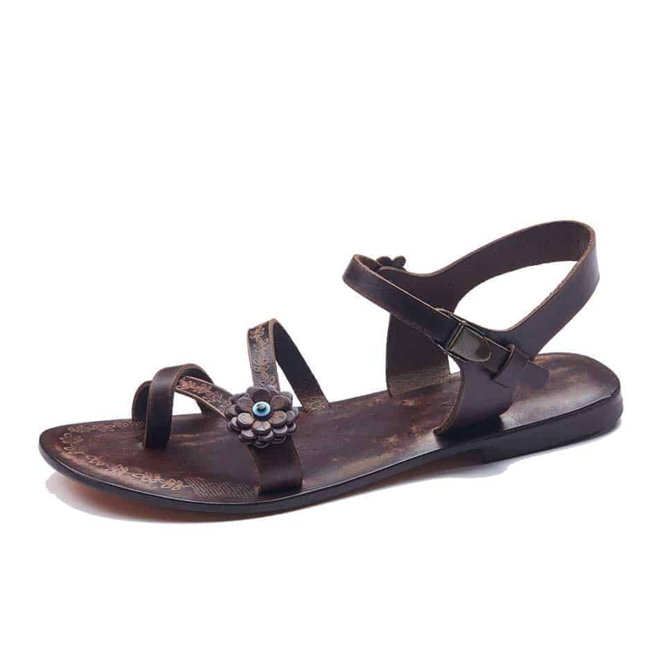 Brown Leather Thong Flat Sandals For Womens With Strap