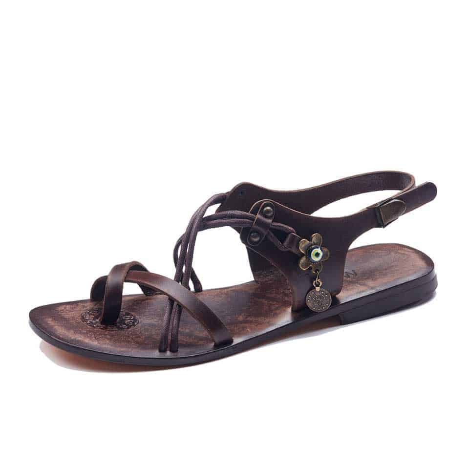 Brown Leather Toe Loop Ankle Strap Sandals