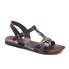 Brown Open Toe Ankle Straps Slide Leather Sandals