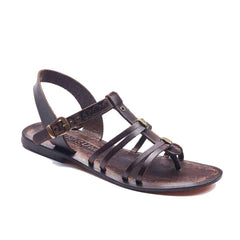 Dark Brown Leather Strappy Sandals Flat For Womens