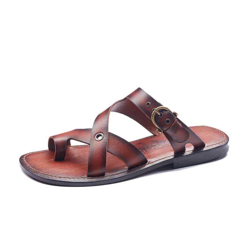Handmade Mens leather Toe Thongs Tan Color Buckle Slide Sandals