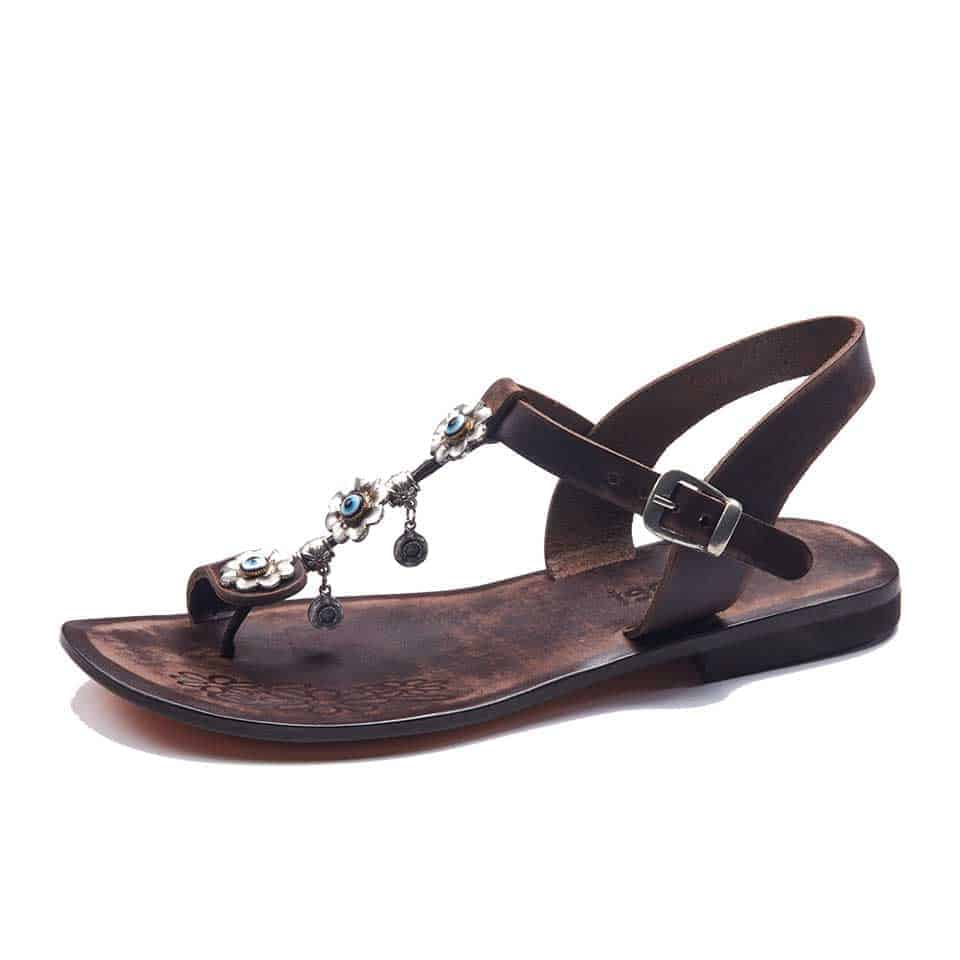 Leather Ankle T Strap Toe Loop Sandals For Womens