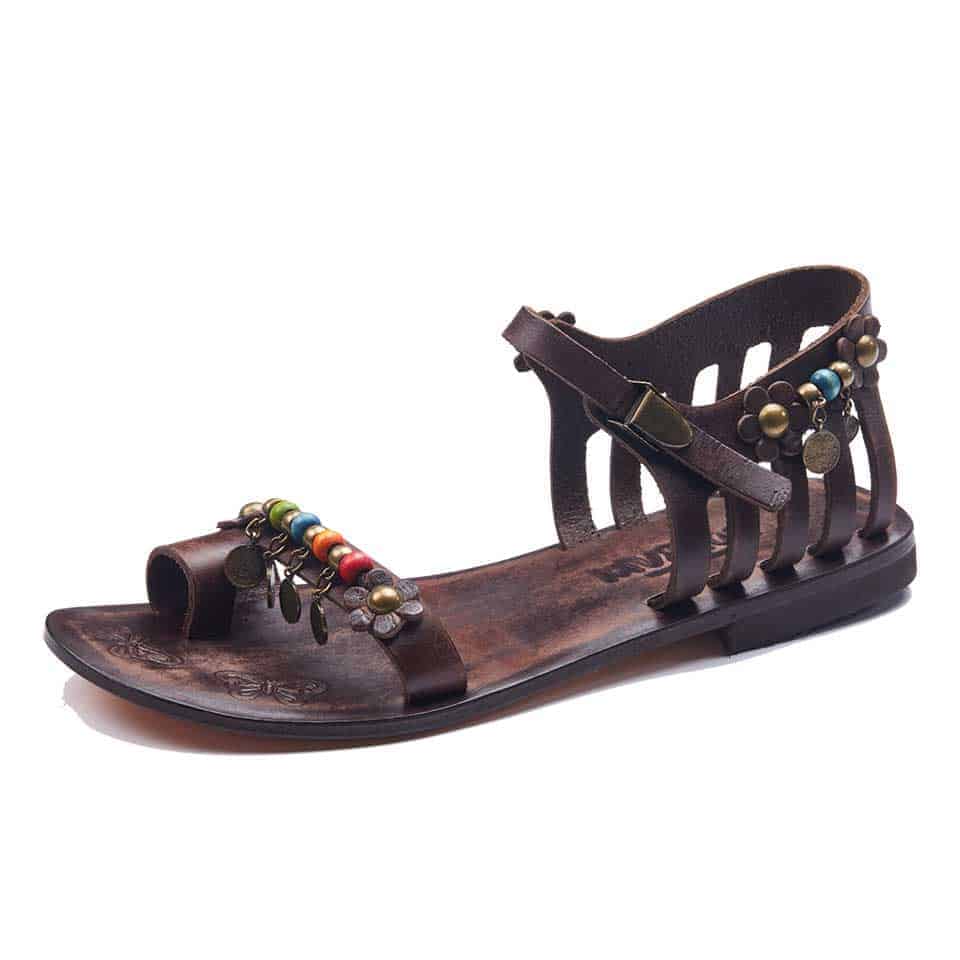 Leather Toe Loop Sandals For Womens With Beads