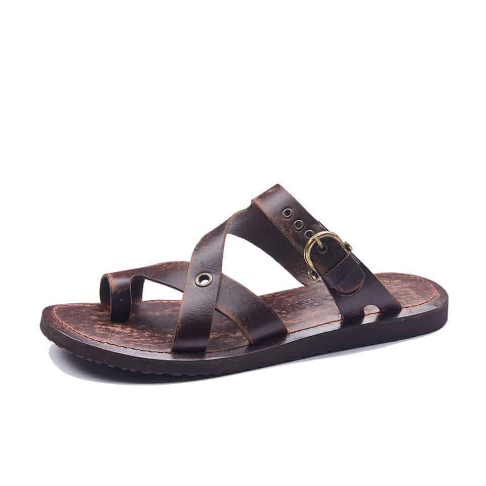 Mens Leather Slides Toe Thongs Buckle Sandals