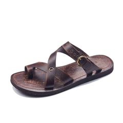 Mens Leather Slides Toe Thongs Buckle Sandals