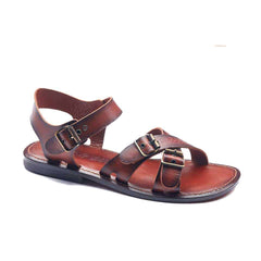 Mens Leather Strap Sandals Open Toe Buckle and Tan Color