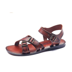 Mens Leather Strap Sandals Open Toe Buckle and Tan Color